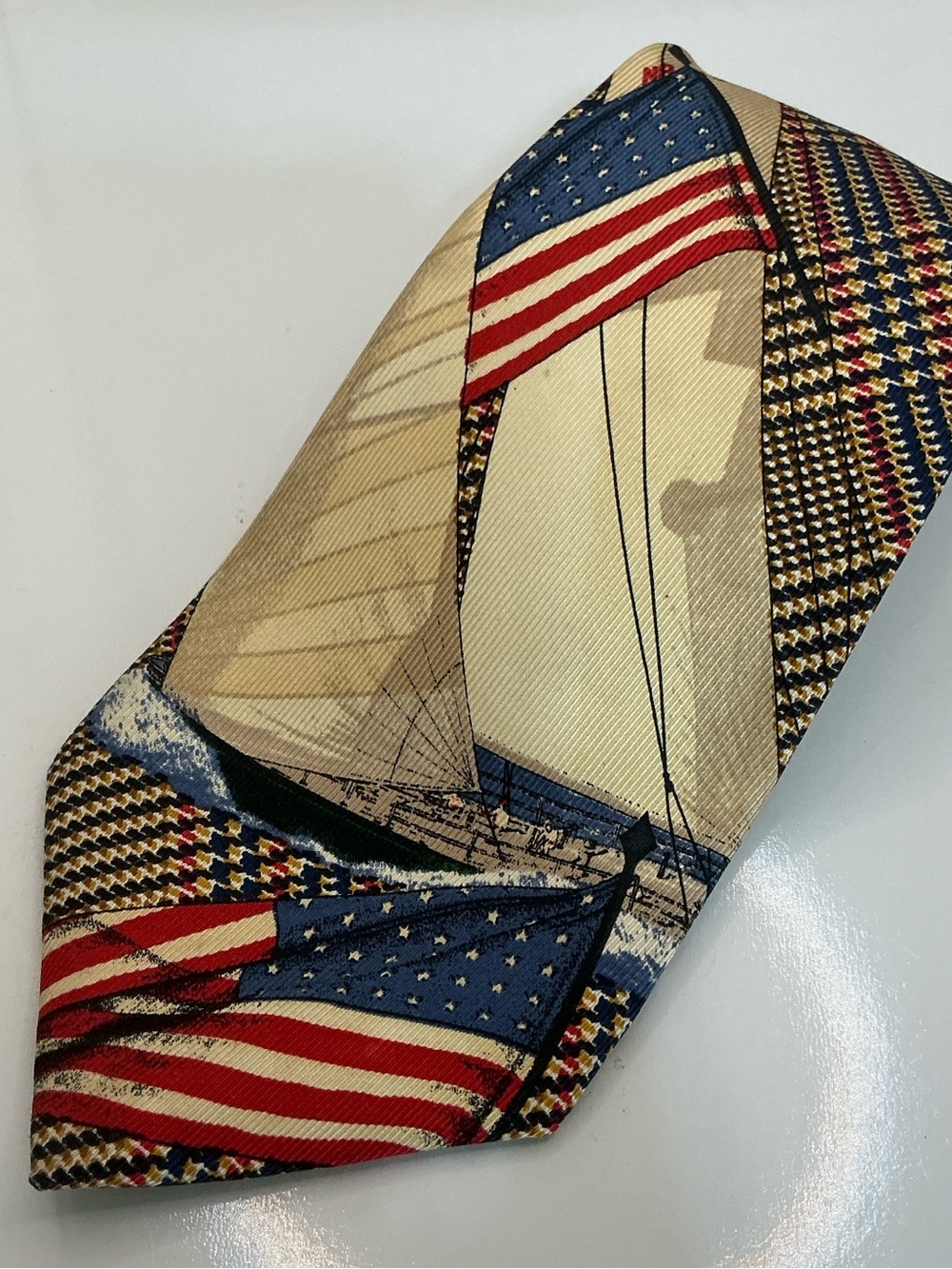 Nautica Tie Sailboat American Flag USA Silk Navy Gold Plaid Wide 4” Vintage